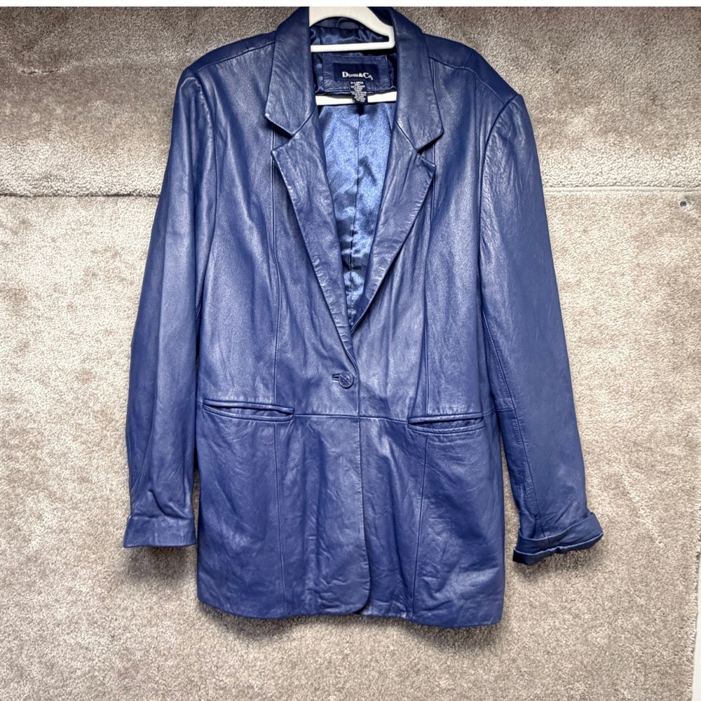 Vtg Denim & Co Blazer Jacket Womens XL Blue Genuine Leather Luxury Career Office